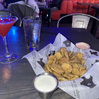 Concrete Cowboy - Strawberry Martini, Fried Pickles with a spicy ranch, and ranch - Sports Bars Near Me - Frisco, Texas Concrete Cowboy - Strawberry Martini, Fried Pickles with a spicy ranch, and ranch - Sports Bars Near Me - Frisco, Texas