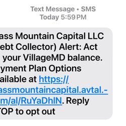Village Medical - Debt Collection Agency text