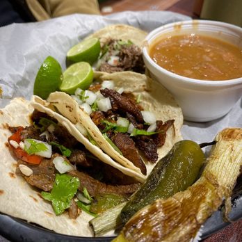 Taco Shop - Taco plate: barbacoa, carne asada, Al pastor with a side of charro beans - Tacos Near Me - Southlake, Texas