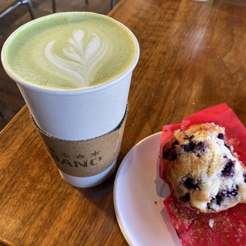 Cafe Urbano - Peppermint matcha latte and bitten blueberry muffin - Cafes Near Me - Chicago, Illinois