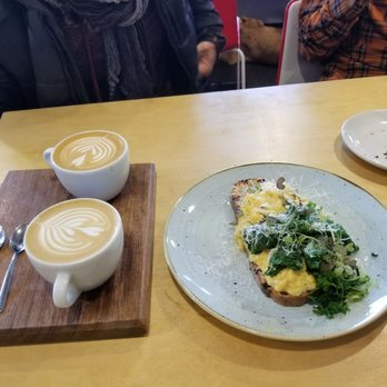 3Fe - Flat whites and scrambled eggs with leeks, greens, and cheese on toast - Coffee & Tea Near Me - Dublin, D