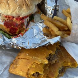845 Halal - Royal Cheetos chicken sandwich, fries and Jamaican beef patty