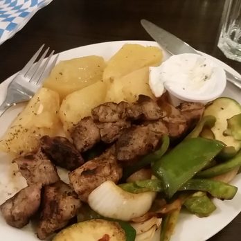 Main St Greek - Pork Souvlaki dinner. Substituted the rice for grilled veggies...delicious!  Best pork souvlaki I've had in a long time - perfectly cooked. - Greek Near Me - Markham, Ontario