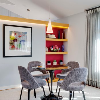 Inner Visions Interiors - Mid-Century Modern game table in a contemporary living room. Marble top for easy care. - Interior Design Near Me