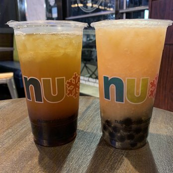 Nu Ice & Drinks - Left - rose vanilla jasmine tea with boba Right - watermelon mango juice with boba - Desserts Near Me - Houston, Texas