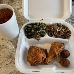 Lunch special - fried chicken, turnip greens, peas and butterbeans, hush puppies, sweet tea. Lunch special - fried chicken, turnip greens, peas and butterbeans, hush puppies, sweet tea.