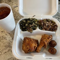 Chick & Sea Foods - Lunch special - fried chicken, turnip greens, peas and butterbeans, hush puppies, sweet tea.