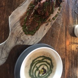 Pork loin chop appetizer (spicy) and clam chowder