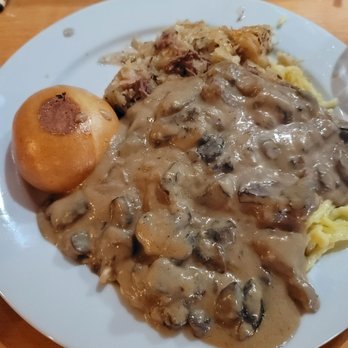 The Forester - Beef stroganoff over homemade spaetzle, side of sauerkraut and roll. I finished 95% of the plate by myself! - German Near Me - Camino, California The Forester - Beef stroganoff over homemade spaetzle, side of sauerkraut and roll. I finished 95% of the plate by myself! - German Near Me - Camino, California