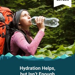 Alpine Oxygen - Hiker drinking water during an outdoor trek with text emphasizing that hydration helps but may not be enough at high altitude.