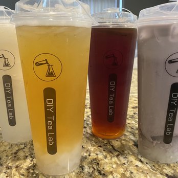 DIY Tea Lab - Newcastle - Lovely Lychee Smoothie, Lychee Green Tea, Life is Peachy (it's not purple:(), Taro Lover Milk Tea - Bubble Tea Near Me - Newcastle, Washington