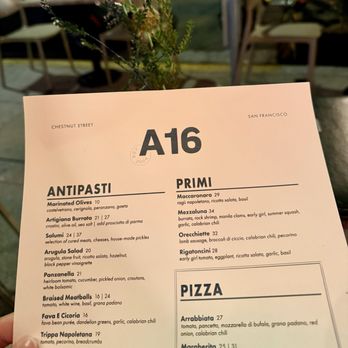 A16 - Menu - Italian Near Me - San Francisco, California