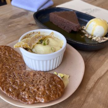 Greens Restaurant - Desserts: Meyer Lemon Pistachio Creme Brulée and Chocolate Hazelnut Passionfruit Torte - Vegetarian Near Me - San Francisco, California