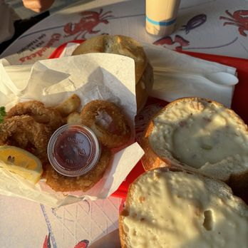 Chowders - Calamari and x2 White clam chowder bread bowls - Seafood Near Me - San Francisco, California Chowders - Calamari and x2 White clam chowder bread bowls - Seafood Near Me - San Francisco, California