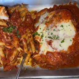 Chicken parmigiana with penne