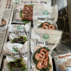 Vegan shrimp , drum sticks, and bacon