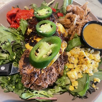 Slater's 50/50 - Cheeseburger Salad (- burger + chicken) - Burgers Near Me - Denver, Colorado Slater's 50/50 - Cheeseburger Salad (- burger + chicken) - Burgers Near Me - Denver, Colorado