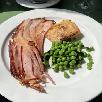 The Conservatory - 'City' ham and gratinéed potatoes and peas with scapes. Delicious! - New American Near Me - Newport, Rhode Island