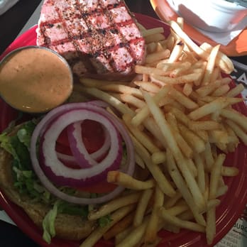 Barnaby's Cafe - My grilled tuna burger done medium rare!!! IN LOVE WITH IT. - American Near Me - Houston, Texas Barnaby's Cafe - My grilled tuna burger done medium rare!!! IN LOVE WITH IT. - American Near Me - Houston, Texas