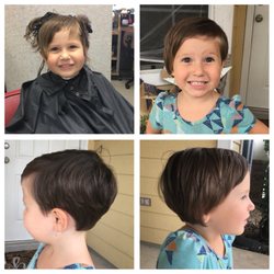 Cost Cutters - Prior to her cut, and after from all angles! Who would of known she had chunks & almost bald areas from where she'd cut it herself 1st!