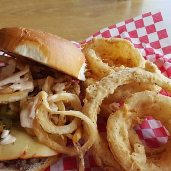 HedgeHog Grill - Southwestern Burger with house Onion Rings. - Southern Near Me - Waller, Texas HedgeHog Grill - Southwestern Burger with house Onion Rings. - Southern Near Me - Waller, Texas
