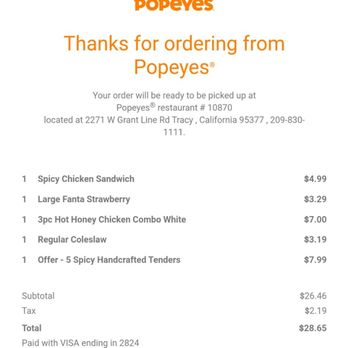 Popeyes Louisiana Kitchen - My order showing I asked for white meat. - Fast Food Near Me - Tracy, California Popeyes Louisiana Kitchen - My order showing I asked for white meat. - Fast Food Near Me - Tracy, California