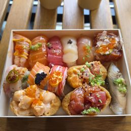 Variety of different nigiri, rolls, inari Variety of different nigiri, rolls, inari