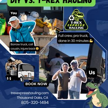 Trex Express Hauling - DIY vs. T-Rex Hauling
You: Borrow truck, call cousin, injure back
Us: Full crew, pro truck, done in 30 minutes
Skip the DIY disaster. - Dumpster Rental Near Me - Oak Park, California Trex Express Hauling - DIY vs. T-Rex Hauling
You: Borrow truck, call cousin, injure back
Us: Full crew, pro truck, done in 30 minutes
Skip the DIY disaster. - Dumpster Rental Near Me - Oak Park, California