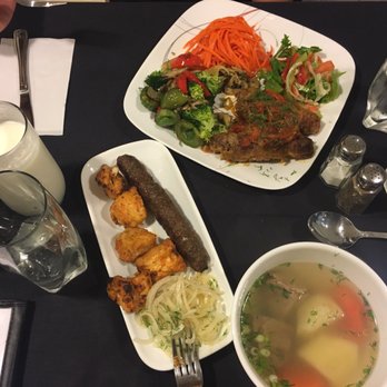 Kavsar Restaurant - Kavsar entre (meatballs), chicken & beef kebab, shurpa soup, ayran yogurt drink = complete meal for 2. It's very good! - Halal Near Me - Pittsburgh, Pennsylvania