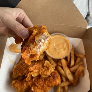 Holdaak Fried Chicken - Spicy Strips(3) with Fries, look how juicy the chicken is - Chicken Shop Near Me - Fullerton, California Holdaak Fried Chicken - Spicy Strips(3) with Fries, look how juicy the chicken is - Chicken Shop Near Me - Fullerton, California