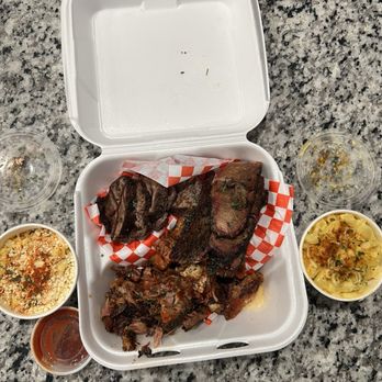 Off The Hook BBQ - 3 meat combo. With tri tip, brisket, and pulled pork. Mac and cheese and corn. - Breakfast & Brunch Near Me - Las Vegas, Nevada