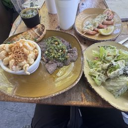 Macaroni & Cheese w. garlic parm breadcrumbs, Steak, Salad, and Shrimp. Macaroni & Cheese w. garlic parm breadcrumbs, Steak, Salad, and Shrimp.