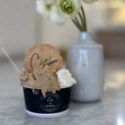 Cia di Gelateria - cappuccino, sticky rice, and hazelnut, in a medium bowl with wafer.