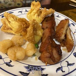 China One - Cheese wontons, peanut chicken, chicken on a stick, salt and pepper shrimp.