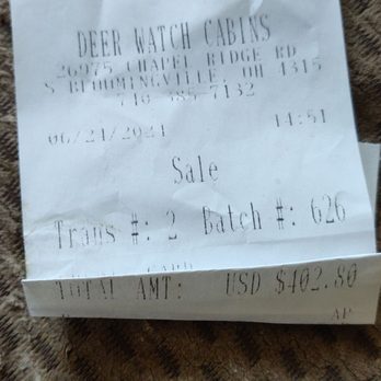 Deer Watch Cabins - Receipt - Vacation Rentals Near Me - South Bloomingville, Ohio Deer Watch Cabins - Receipt - Vacation Rentals Near Me - South Bloomingville, Ohio