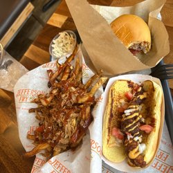 Jefferson Fry Co - Bbq fries. Hot Spicy Chicken Snacker. Cheese Classic Burger
