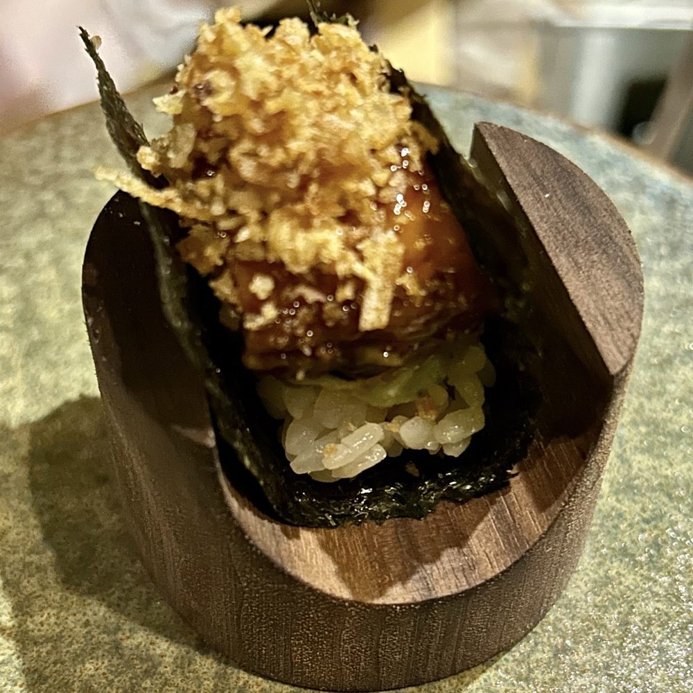 Mori - Unagi / "Eel" with avocado puree and onion crisps - Sushi Bars Near Me - New York, New York Mori - Unagi / "Eel" with avocado puree and onion crisps - Sushi Bars Near Me - New York, New York