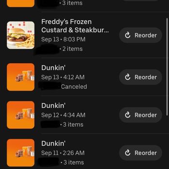 Dunkin' - Recent orders(one that was canceled was cuz there were no drivers in the area for 3 hours ) - Donuts Near Me - Cedar Point, North Carolina