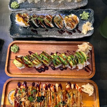 Nori - Top to bottom: shiitake roll ($22), spider roll ($12), dragon ($16), and volcano ($14) - Vegan Near Me - Austin, Texas