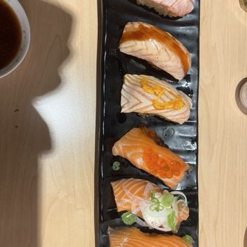 Waka Sakura - Salmon sampler is out of this world! - Conveyor Belt Sushi Near Me - Gardena, California Waka Sakura - Salmon sampler is out of this world! - Conveyor Belt Sushi Near Me - Gardena, California