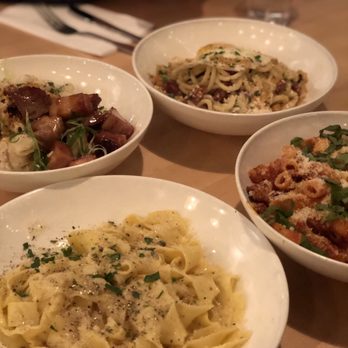 Grassa - Top to bottom: pork belly Mac and cheese (our faves!!), carbonara, Cacio e Pepe, and rigatoni - New American Near Me - Portland, Oregon