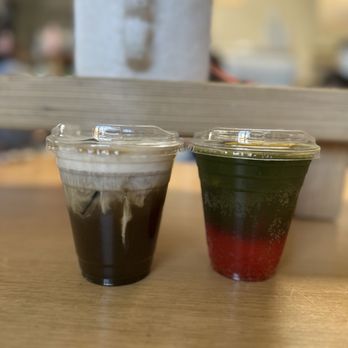 Work in Progress - Left: Hojicha Einspanner Right: Cherry Cola Matcha Tonic - Wine Bars Near Me - Costa Mesa, California