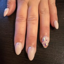 Just Got Nailed By Alanna - Acrylic pale pink & bling almond shaped nails