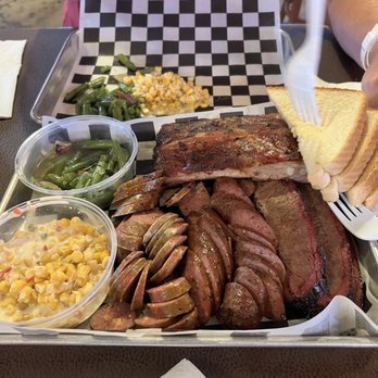 Tyler's Barbeque - 4 meats: brisket, ribs, jalapeño sausage, peppercorn sausage, creamed chicken & green beans. - Barbeque Near Me - Amarillo, Texas Tyler's Barbeque - 4 meats: brisket, ribs, jalapeño sausage, peppercorn sausage, creamed chicken & green beans. - Barbeque Near Me - Amarillo, Texas