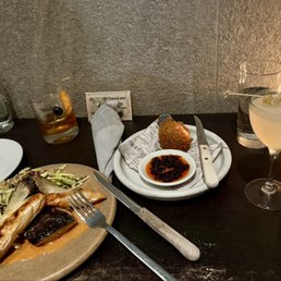 Salmon wings, taro scotch egg, walking stick Salmon wings, taro scotch egg, walking stick