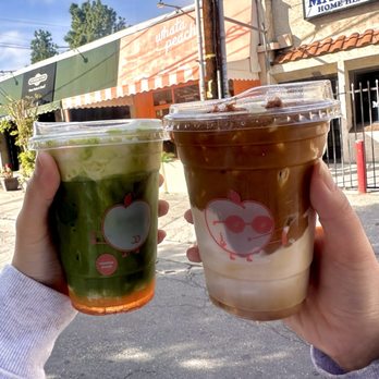 Whata Peach - Peachy Matcha Latte (w/ light peach) and Cookie Butter Latte (w/ an extra double shot) - Juice Bars & Smoothies Near Me - Valley Glen, California