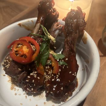 Whiskey Cake - Chile BBQ Glazed Duck Wings - New American Near Me - Irving, Texas Whiskey Cake - Chile BBQ Glazed Duck Wings - New American Near Me - Irving, Texas