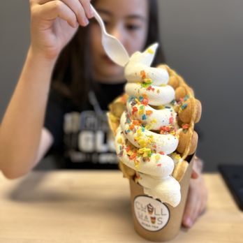 Chill Haus - Egg puff waffle with vanilla soft serve and fruity pebbles topping. - Ice Cream & Frozen Yogurt Near Me - Las Vegas, Nevada Chill Haus - Egg puff waffle with vanilla soft serve and fruity pebbles topping. - Ice Cream & Frozen Yogurt Near Me - Las Vegas, Nevada