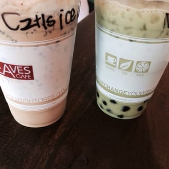 7 Leaves Cafe - Some coffee thing my brother ordered and the soy macha green tea (I think that's what it's called lol)! - Coffee & Tea Near Me - Cypress, California