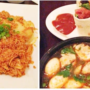 Daisy Mint - Kimchi fried rice on the left, duck roll and tom yum soup on the right. - Thai Near Me - Pasadena, California